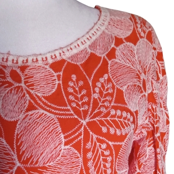 Anthropologie Solitaire Orange All Over Floral Embroidery Peasant Top Sz Medium - Picture 3 of 8